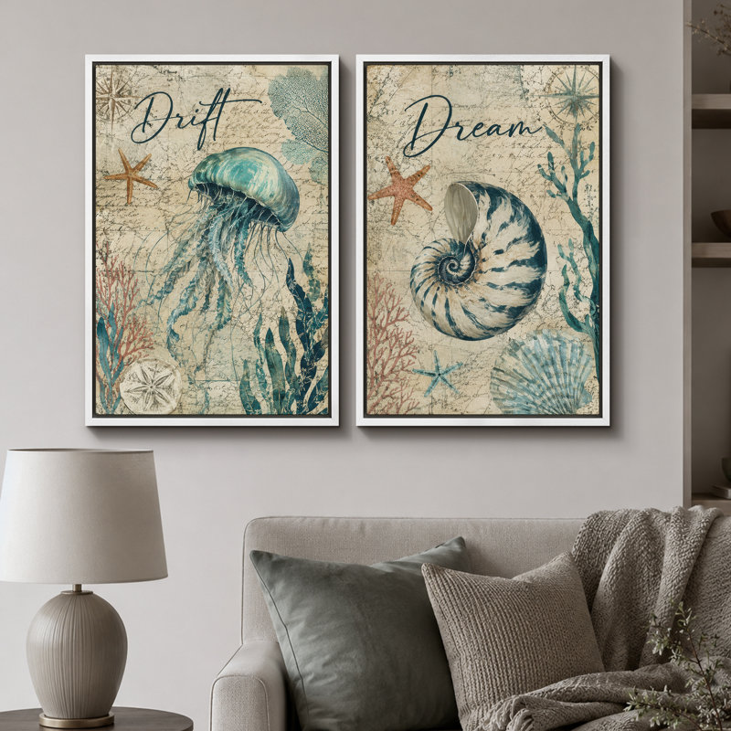 «Coastal Jellyfish and Seashell», art de la salle de bain, impression sur toile encadrée, 2 pièces, 24" H x 32" W x 1.5" D