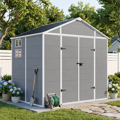 8x6 FT Outdoor Plastic Storage Shed for Backyard Garden, Large Walk-in Resin Shed with Floor, Lockable Door & Vent