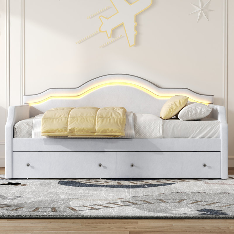 Lit de jour double rembourré avec DEL et 2 tiroirs, Beige, Complète