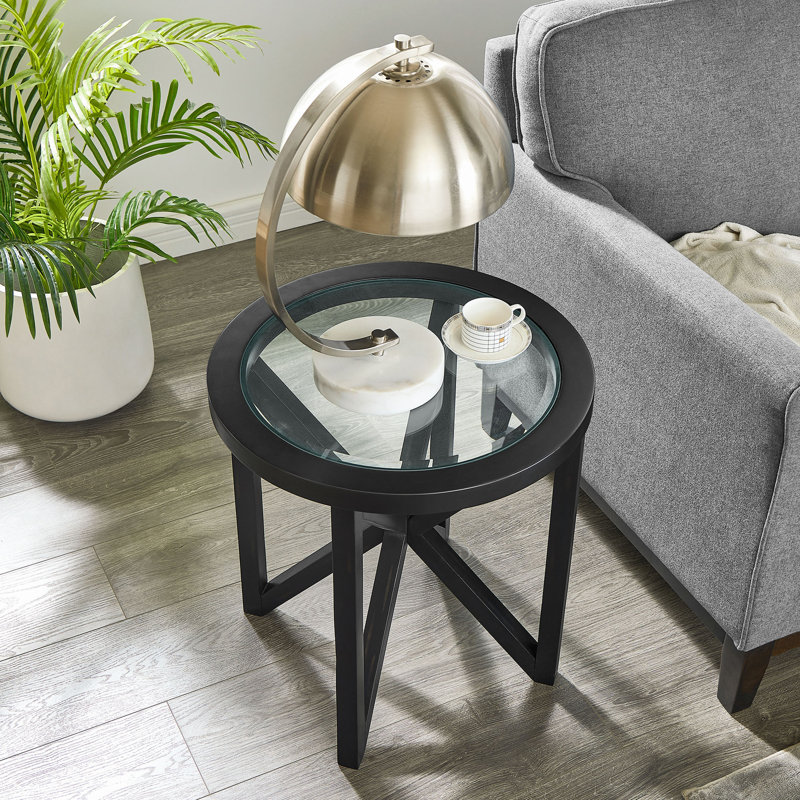 Table basse moderne en verre simple, table basse en verre trempé, base en bois massif, plateau rond en verre transparent, salon moderne, terrasse, table basse d'étude