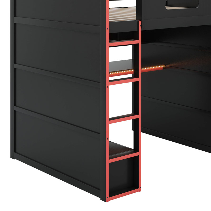 Full Size Wood Loft Bed With Desk,Wardrobe And RGB LED Light, Red