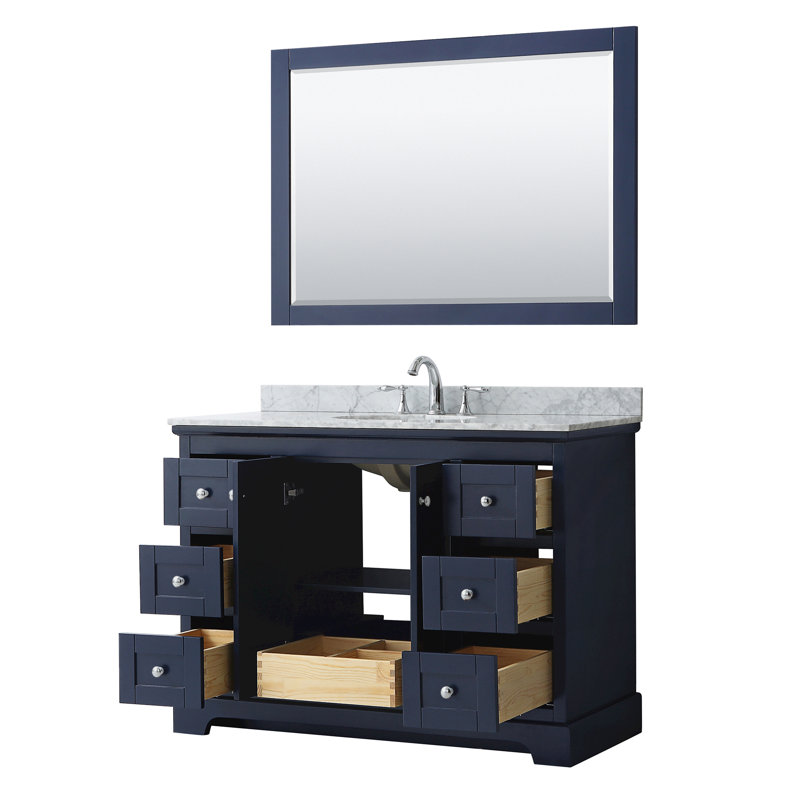 Avery 48'' Single Bathroom Vanity with Top, White Carrara Marble, Dark Blue
