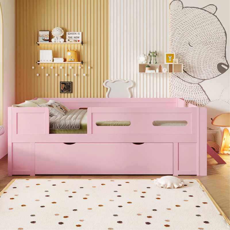 Lit plateforme double avec garde-corps et tiroir, rose, Lit double, Pink