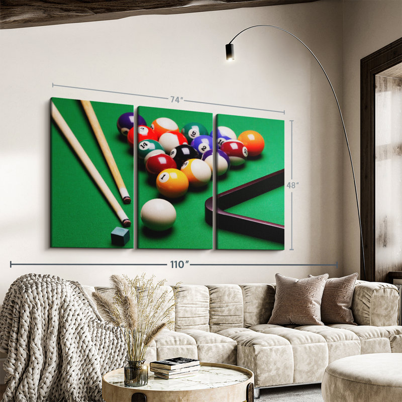 «Game Of Billiards», 3 pièces sur toile, H 48 po x l 74 po x P 1,25 po