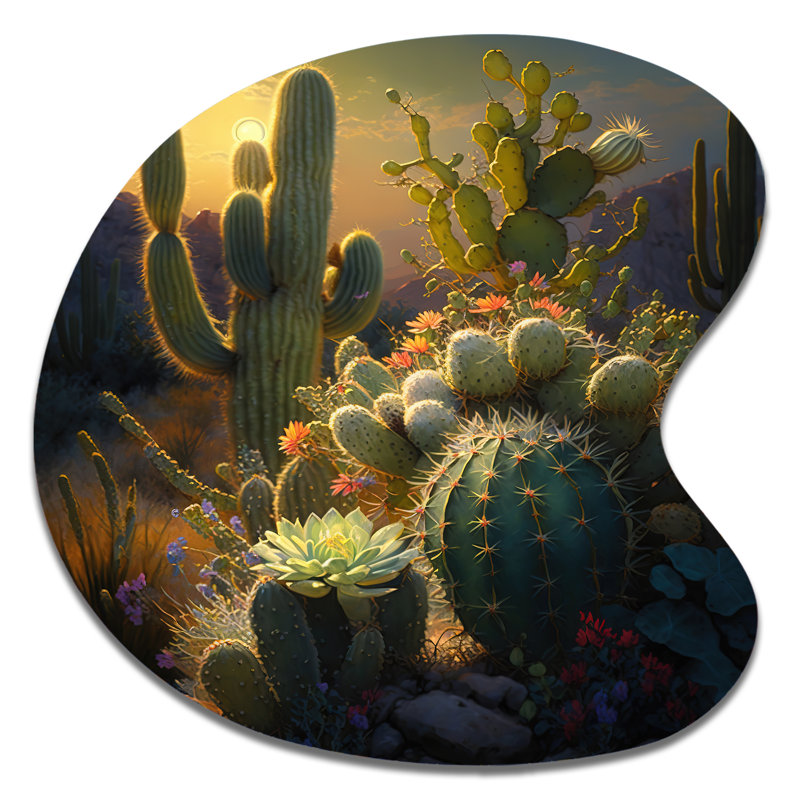 Cactus dans le désert III - décoration murale irrégulière en forme de montagnes, H 33 po x l 33 po