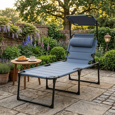 Méridienne pliable avec auvent pare-soleil, fauteuil inclinable portable à trois volets pour le jardin près de la piscine, structure Oxford en acier thermolaqué, coussin de tête doux détachable
