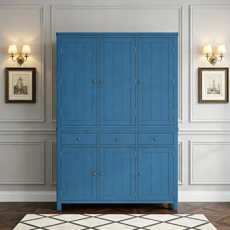 Garde-manger autoportant avec tablettes de porte et plateaux coulissants, Bleu
