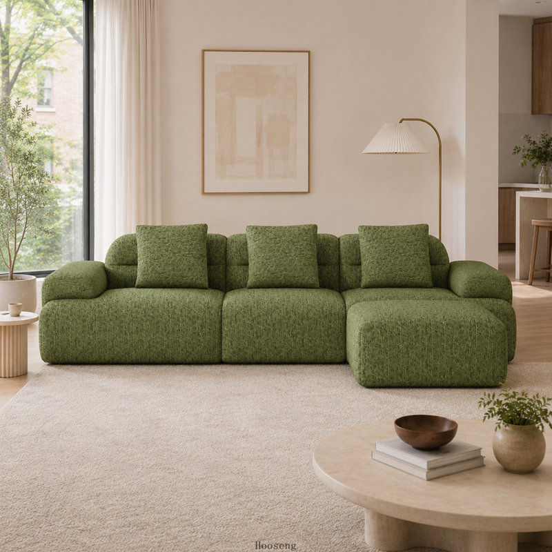 Canapé d'angle modulaire moderne en velours côtelé comprimé vert, avec pouf, Velours côtelé vert noirâtre