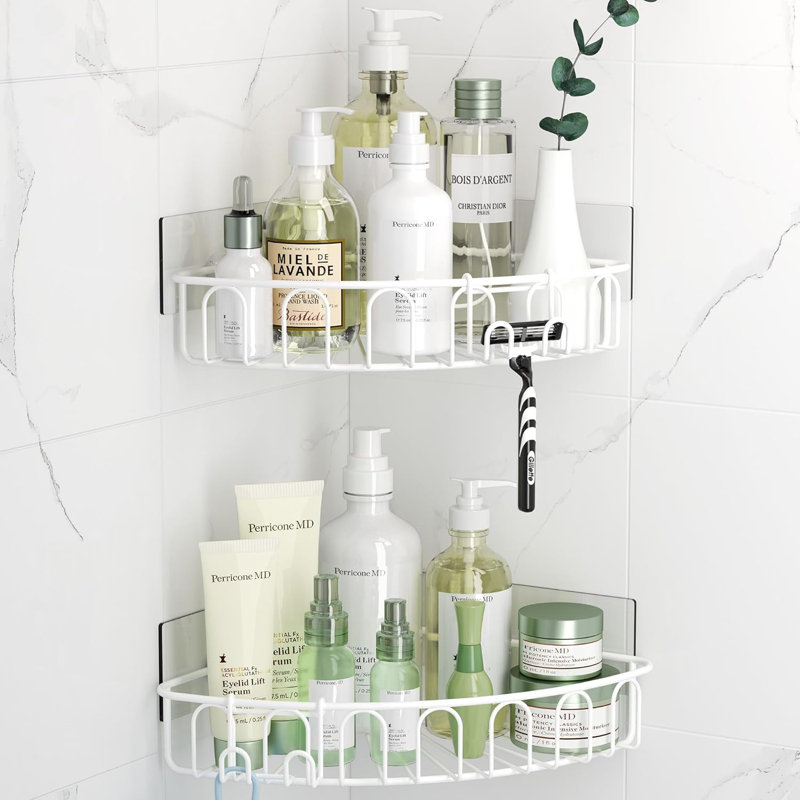 Organisateur de tablettes de salle de bain mural en acier inoxydable avec support à crochets mural sans perçage, Blanc