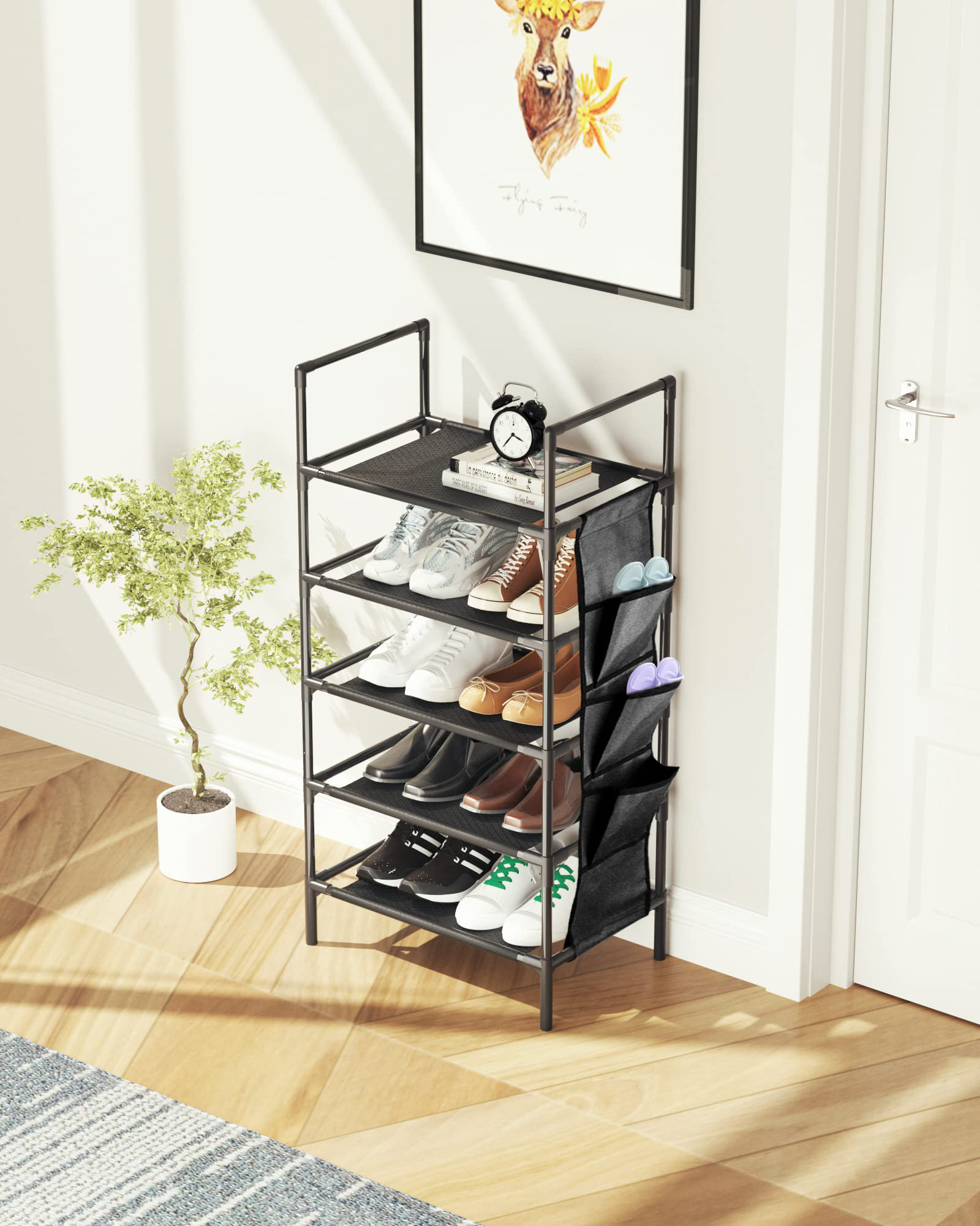 3 Tier Bamboo Shoe Rack w/ Pockets+Dust-proof Mat Stackable for Entryway  Hallway