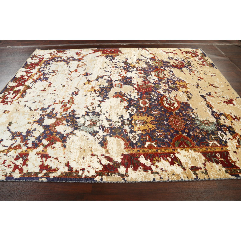 Tapis ivoire noué à la main de conception unique 8 pi 3 po x 10 pi 2 po New Age