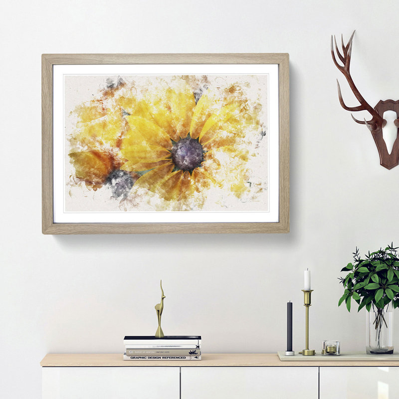Yellow Coneflowers Watercolour - Framed Print, Oak, 35cm H x 50cm W x 2cm D