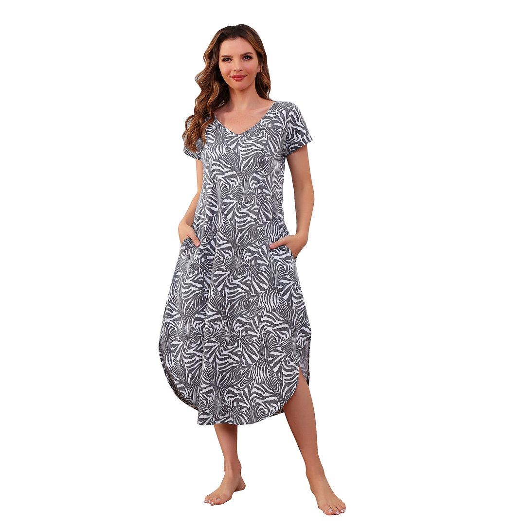 Nightgowns Nightdress Women V Neck Print Short Slit Sleepwear S-XXL Alwyn Home 