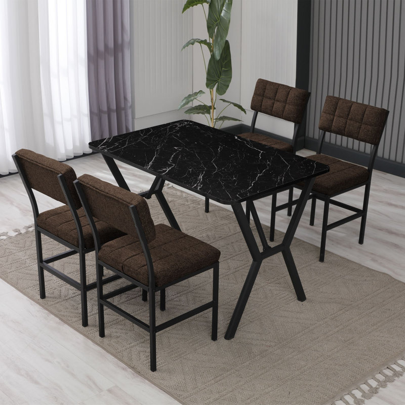Ensemble de table et chaises de salle à manger extensible (5 pièces), design moderne en marbre, 43,3 po x 29,1 po x 27,6 po | Panneau de particules 100% mélaminé, épaisseur 18 mm | Structure 100% métal, revêtement 100% lin | Brun et noir, élégant et fonctionnel