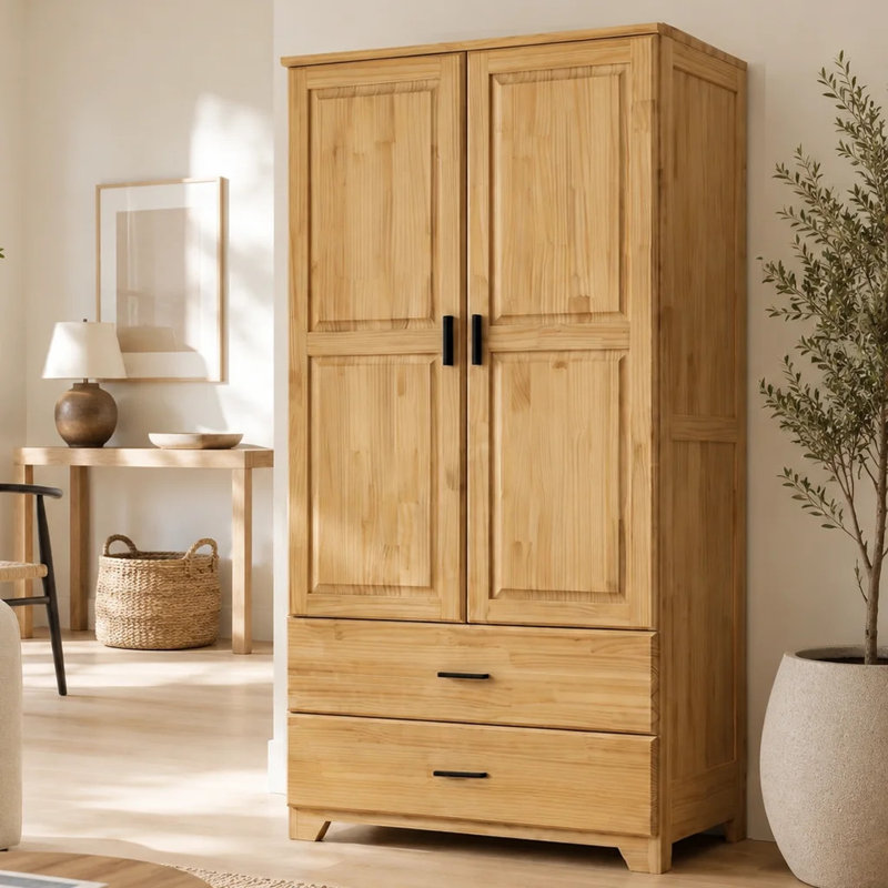 Armoire en bois massif avec 2 tiroirs en vernis naturel, Vernis naturel