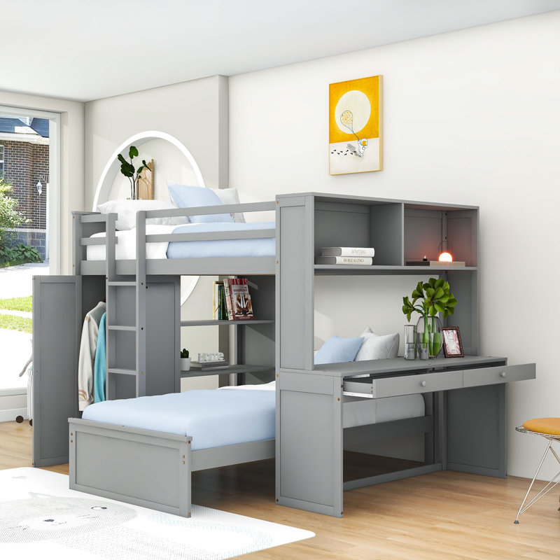Lit superposé double en bois avec tablettes, bureau et garde-robe Hockaday, gris