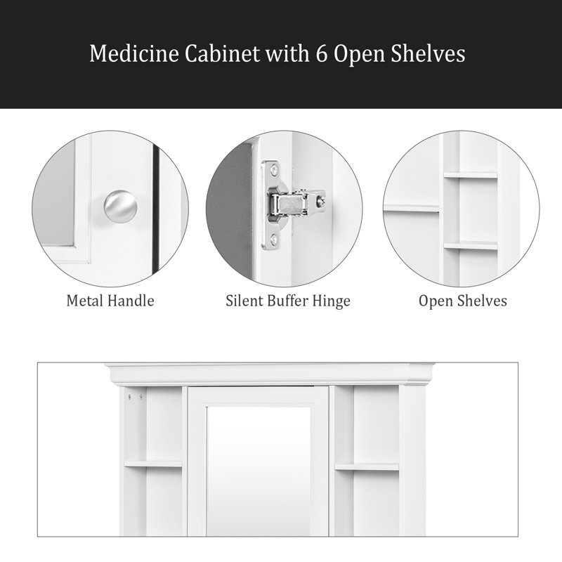 Armoire de rangement murale 35 po x 28 po avec porte miroir, armoire de salle de bain moderne avec miroir, armoire à pharmacie avec 6 tablettes ouvertes