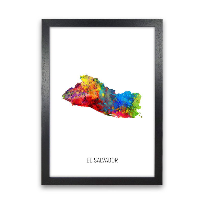 El Salvador Watercolour Map by Michael Tompsett - Print, Black Framed, 34cm H x 25cm W x 3cm D