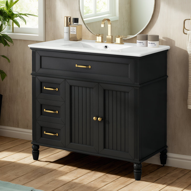 Meuble-lavabo de 36 po avec lavabo, armoire de salle de bain noire avec tiroirs, cadre solide et panneau de fibres à densité moyenne, un paquet