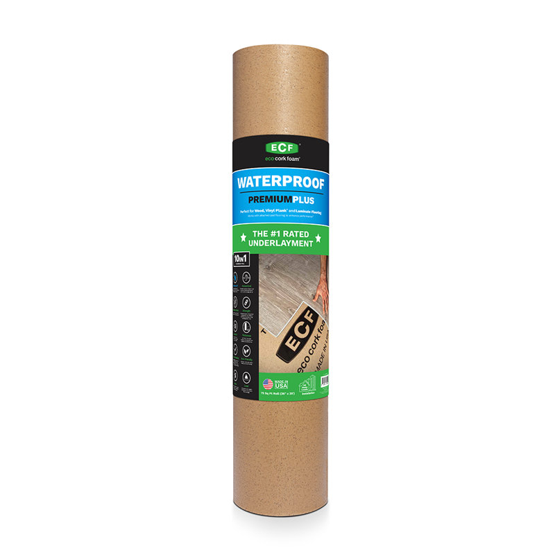 Eco Cork Foam Underlayment with 6 Mil Vapor Barrier – Waterproof, Sound Reducing, Antimicrobial Flooring Underlayment for LVP, Laminate & Engineered Wood (75 sq. ft. roll)