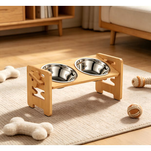 Support pour animaux surélevé en bambou naturel avec 2 bols en acier inoxydable pour chiots et chats