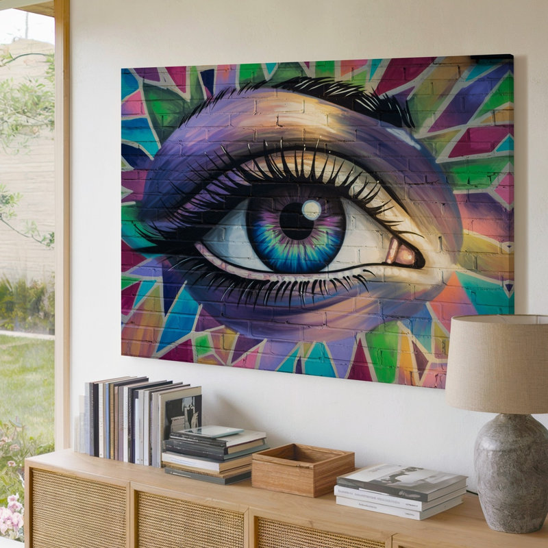 Toile, une murale vibrante enveloppe un mur de brique texturé dominé par un art mural, H 16 po x l 20 po