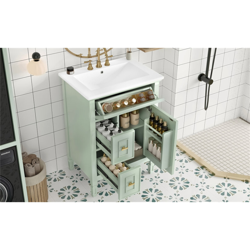 Meuble-lavabo de 24 pouces avec lavabo, armoire en bois massif et panneau de fibres à densité moyenne avec un tiroir rabattable, deux tiroirs standard et une tablette réglable, meuble-lavabo vert autoportant pour le rangement de la salle de bain