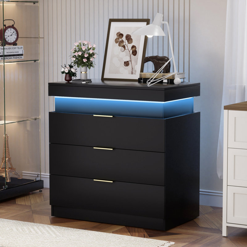 Nightstand With Charging Station And LED Lights,Night Stand With Sliding Top For Bedroom,Bedside Table With Drawers,Modern End Side Table,White.28.8''W X 17''D X 30.5''H.