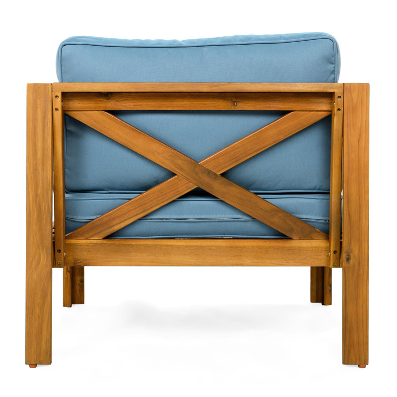 Fauteuil club d'extérieur en bois avec coussins bleus, conversation, chaise ergonomique confortable et confortable de 4 pièces, idéale pour les patios et les jardins, finition, assemblage facile