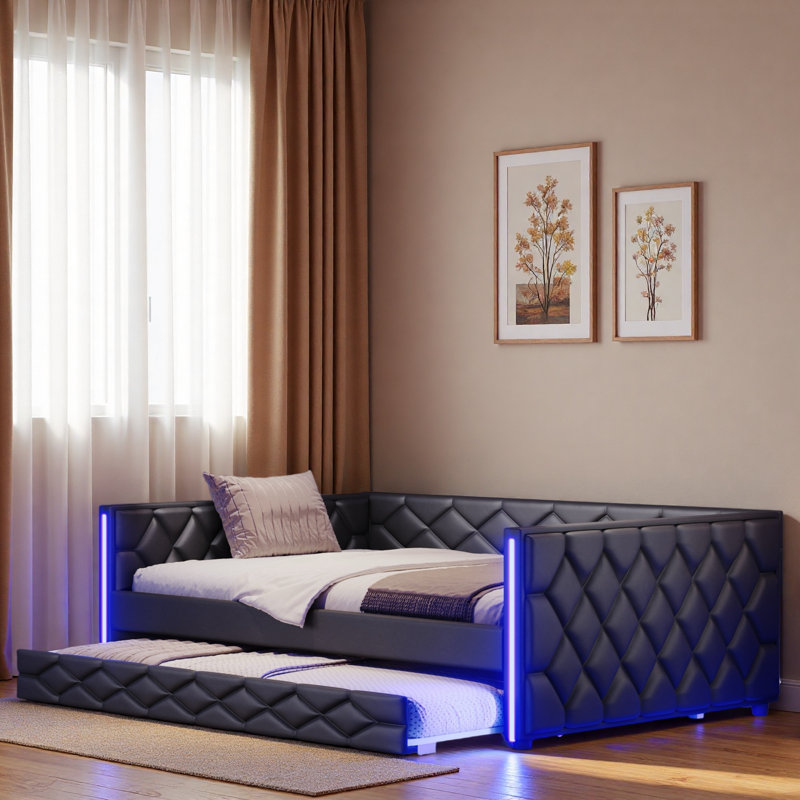 Upholstered Daybed With Trundle And Led, Black