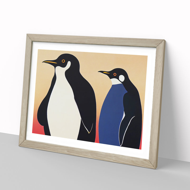 XH1022-9018X The Two Penguins Vol.1 Abstract 1 Piece Single Picture Frame Wall Art, 34cm H x 46cm W x 2cm D, Oak