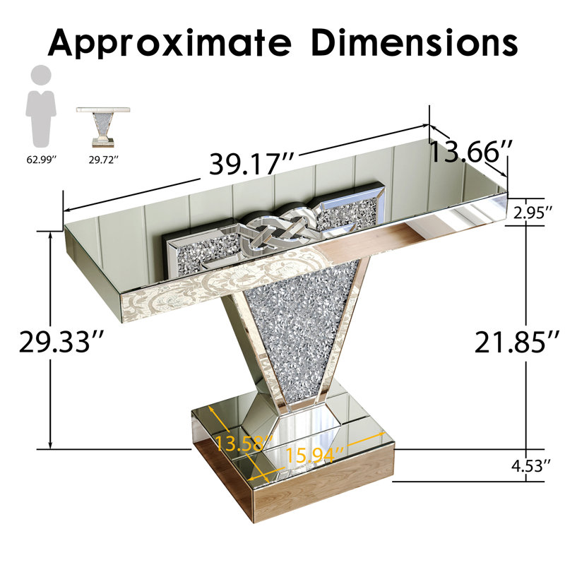 Console miroir effet diamant, table d'entrée moderne en verre argenté réfléchissant, table d'appoint rectangulaire en forme de V avec incrustations de cristaux pour salon ou hall d'entrée