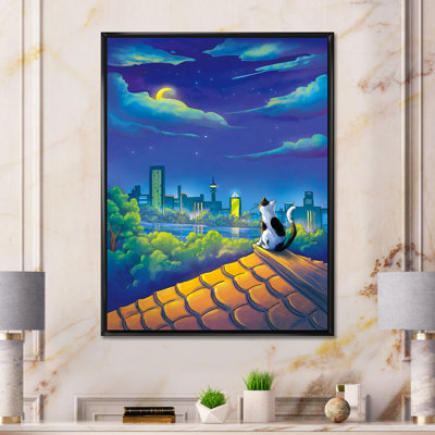 «Moon Night Cat and Moon City Scene», reproduction sur toile