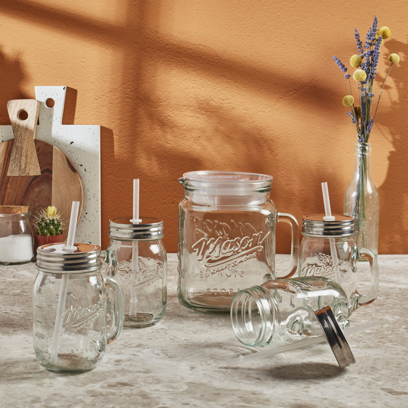 Vintage-Inspired 14-Piece Glass Drinkware Set with Pitcher and Jars