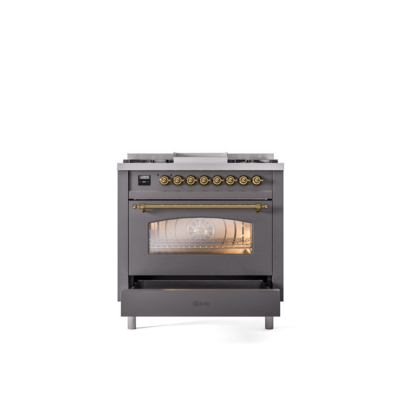 ILVE Nostalgie II 36 Dual Fuel Range, knobs, Graphite Matte/Brass, Natural Gas