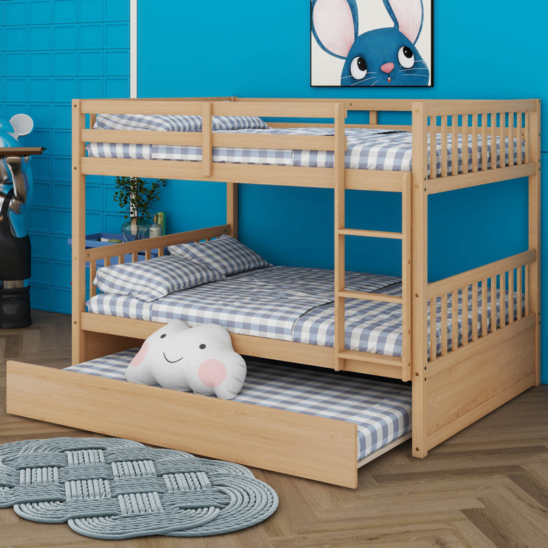 Full Over Full Rubber Wood Bunk Bed With Trundle, Ladder And Guardrails, White Oak