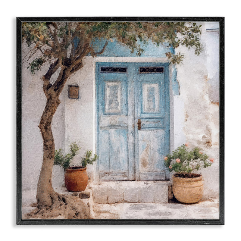 Arbre et porte bleue, estampe numérique encadrée par RileyB, Giclée encadrée noir minuit, H 17 po x l 17 po