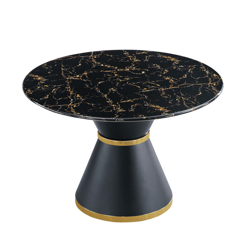 Table de salle à manger ronde en panneau de fibres à densité moyenne et marbre noir avec anneau annulaire doré