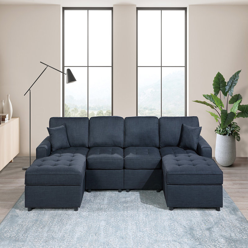 Ensemble de canapé modulaire de style contemporain Chaise sans accoudoirs RAF et LAF Dorris, Tissu bleu foncé