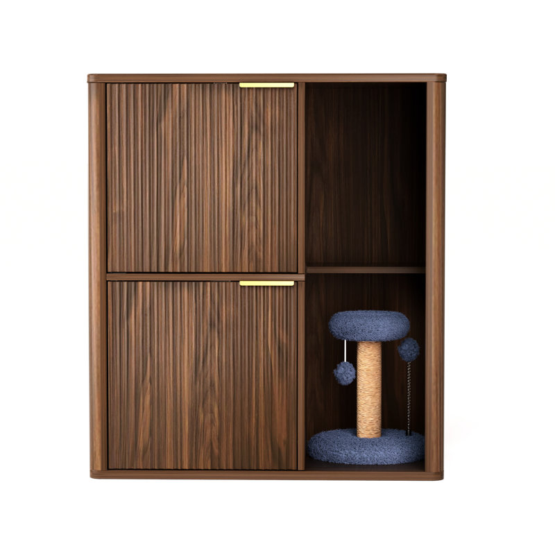Litière pour chat en noyer de 31,5 po avec arbre, portes à double entrée et tablette de rangement. Il cache une boîte de style Mid-Century moderne, permet aux chats d'entrer librement, et offre un espace de repos confortable.