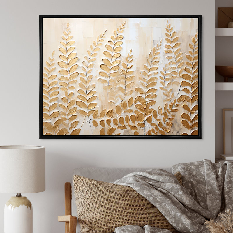 Fougères dorées, escapade silencieuse sur toile, Cadre flottant noir, H 30 po x l 40 po x P 1,5 po