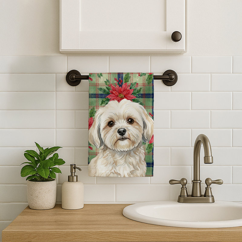 White Lhasa Apso Christmas PoinsettIas Kitchen Towel, White Lhasa Apso