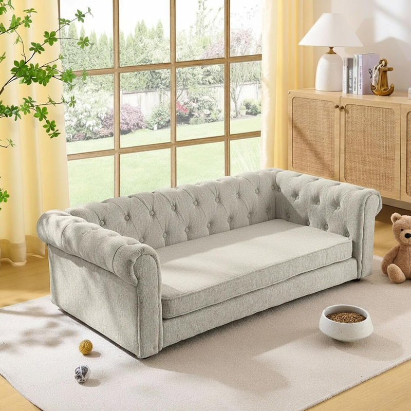 Canapé doux et confortable pour animaux de compagnie avec dossier et accoudoirs, Beige