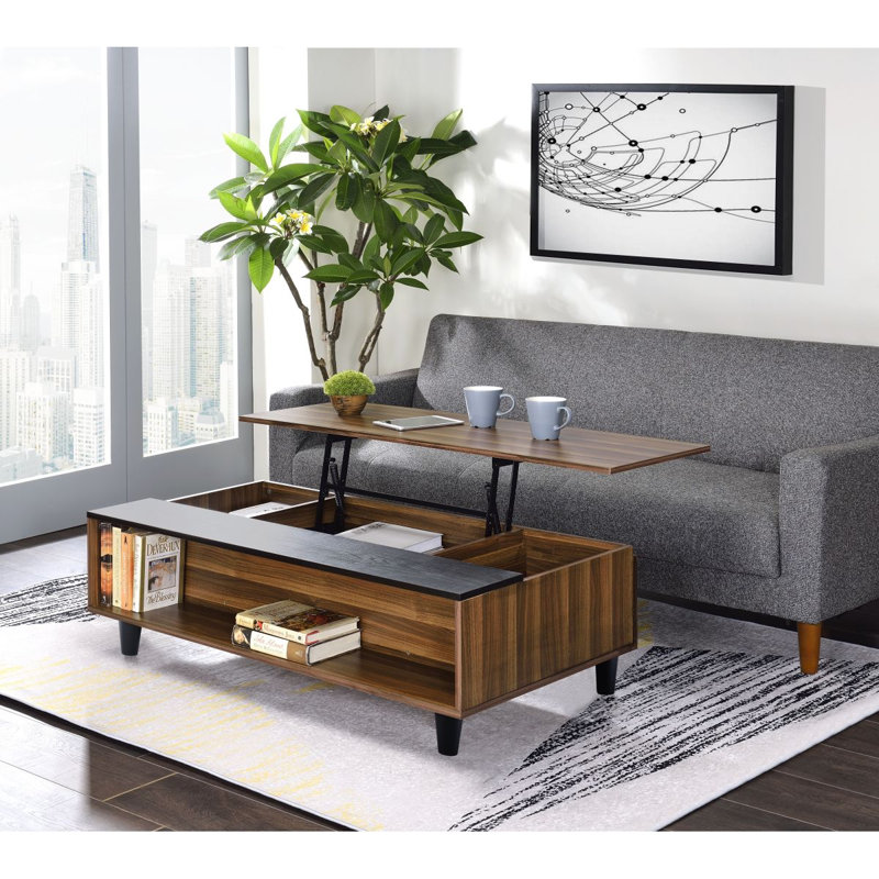 Table basse en noyer et finition noire avec plateau relevable
