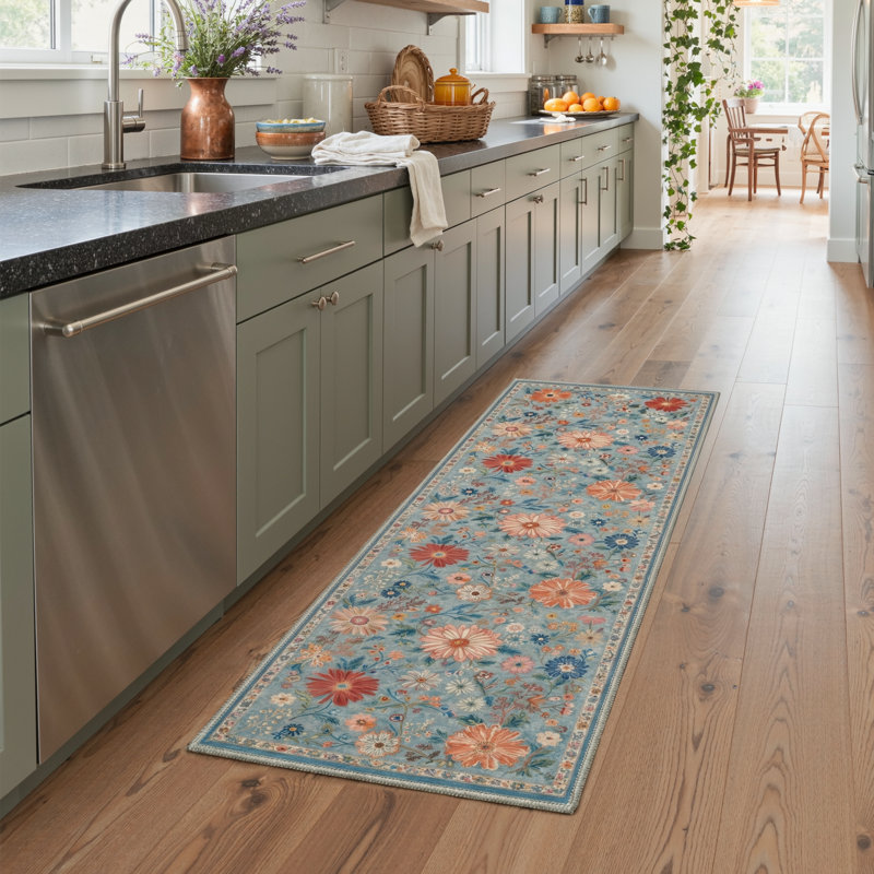Acker Veridian Floral Machine Washable Blue / Red Indoor Area Rug with Non-Slip Backing, Runner 2' x 6'