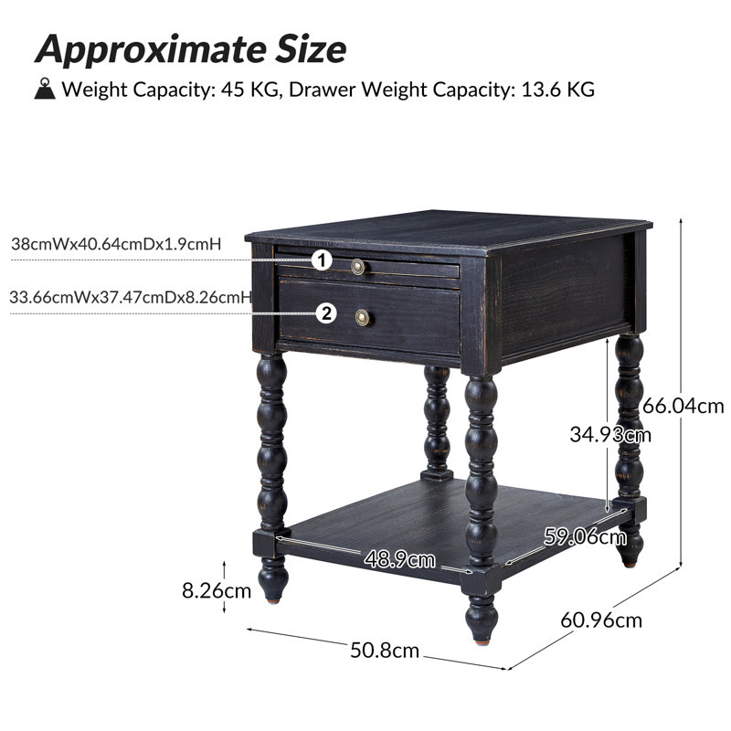 Eric 60.96cm W Traditional Soild Bedside Table with Extendable Tray, Charcoal