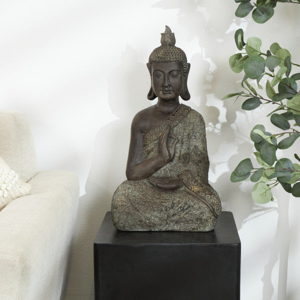 Brown Polystone Meditating Buddha Sculpture with Engraved Carvings