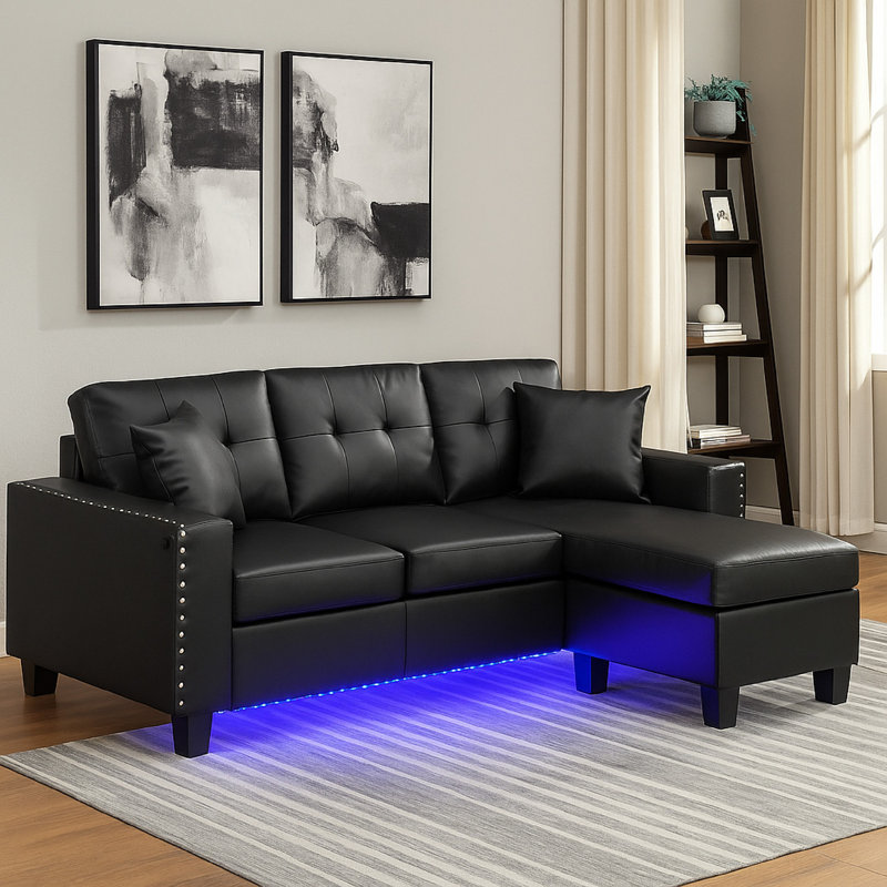 Sorenza 74"W PVC Reversible Sectional Sofa Chaise With LED Light, USB Port, Nailhead Trim, Throw Pillows, Tufted Cushion