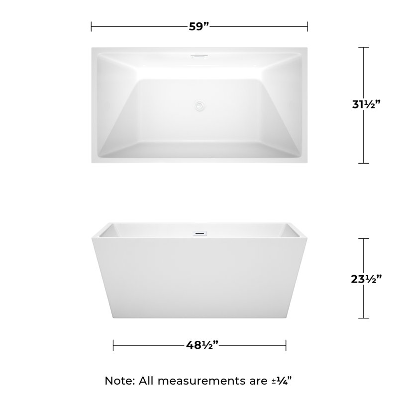 Sara 59'' x 32'' Freestanding Soaking Acrylic Bathtub, Shiny White