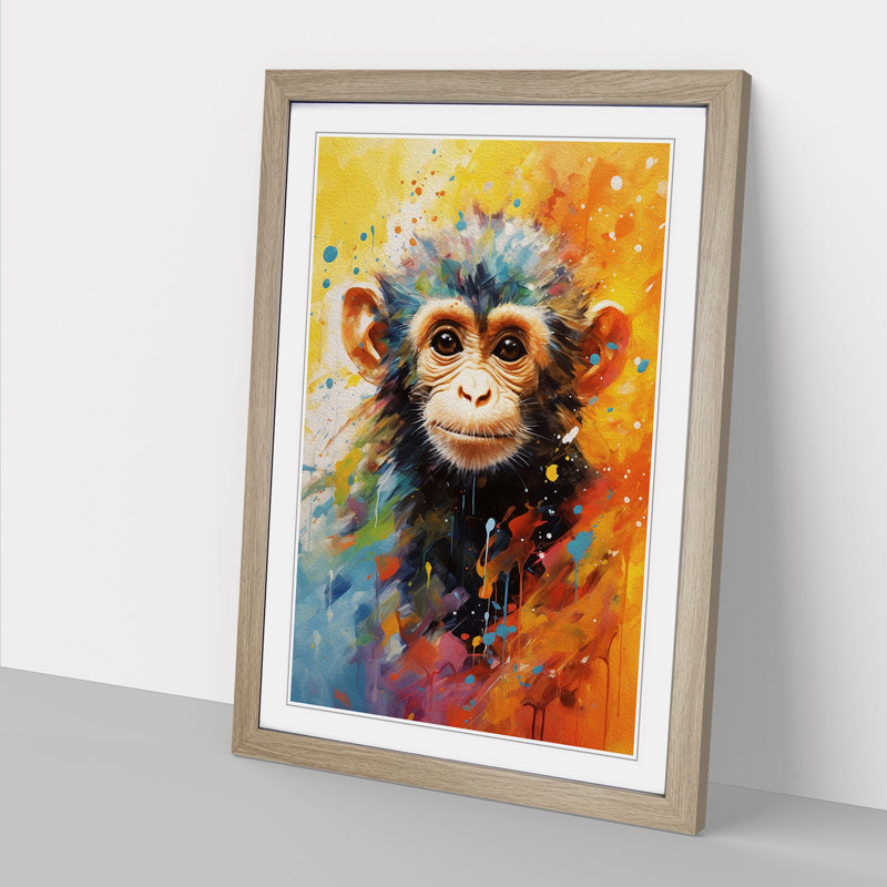 XYZ-FRM-V1223-4538 Monkey Impressionism - Single Picture Frame Print on Wood, Oak , 34cm H x 25cm W x 2cm D